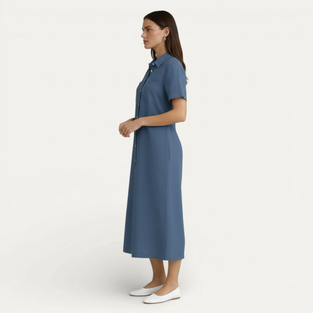 Robe Chemise Femme Midi Boutonnée Manches Courtes