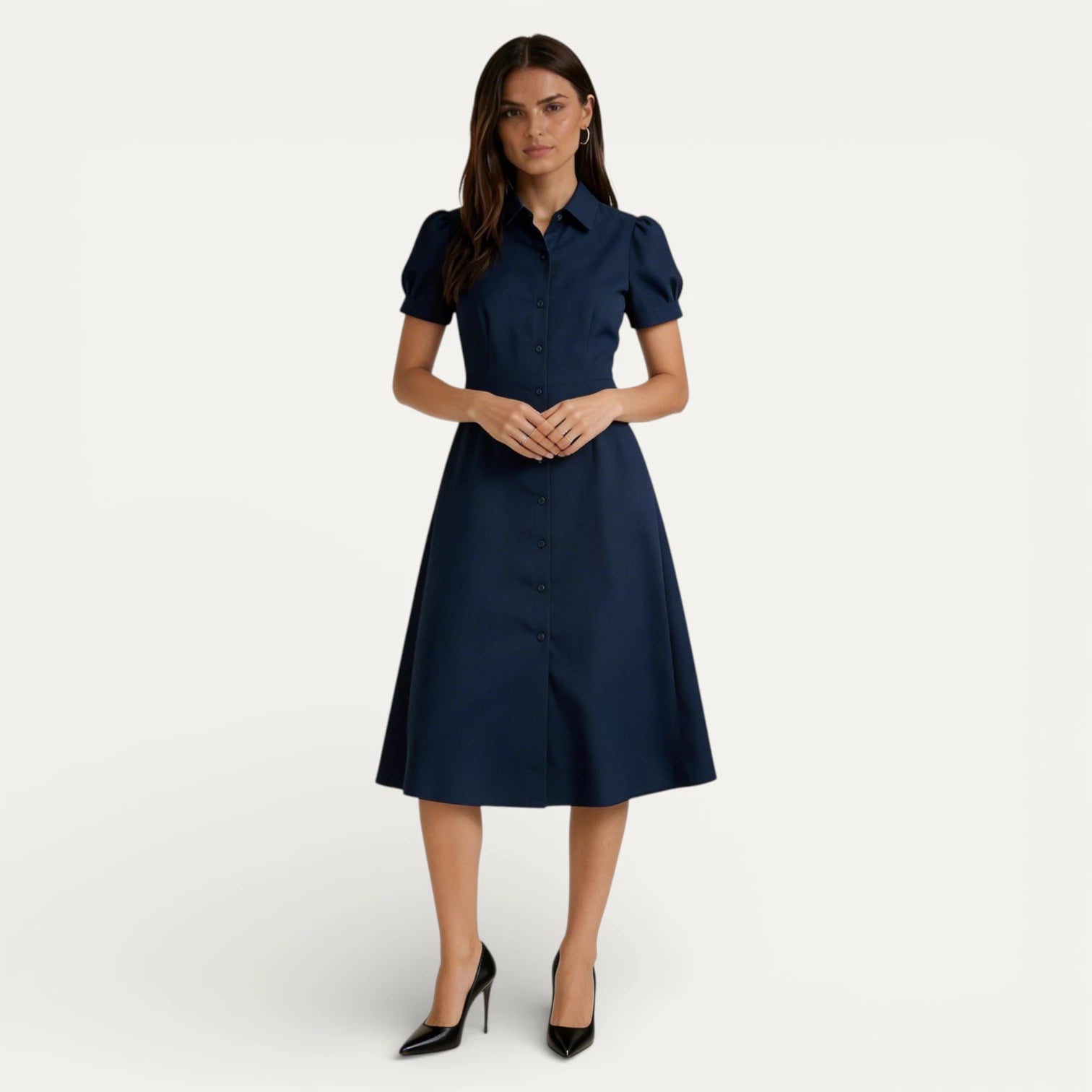 Robe Chemise Femme Boutonnée Manches Bouffantes Courtes