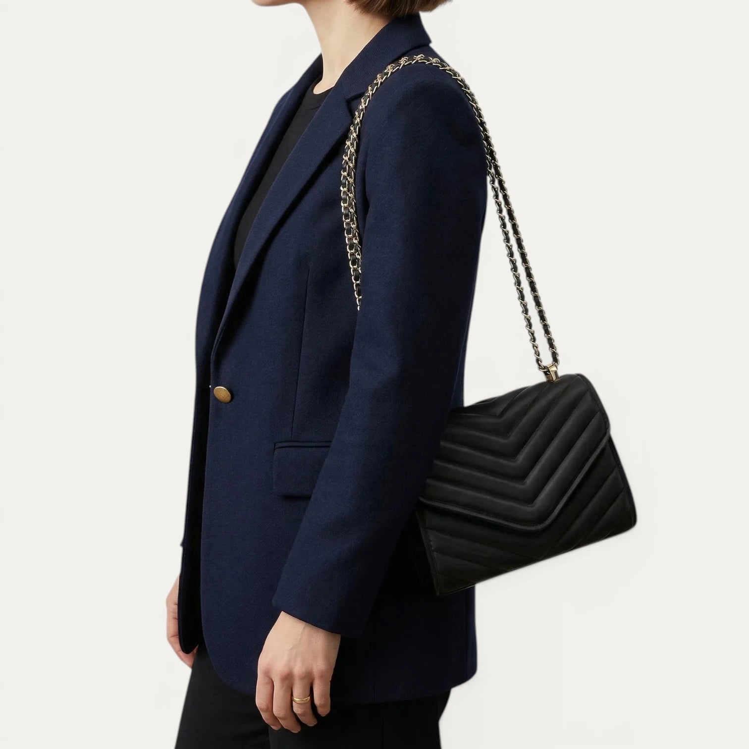 Sac Bandoulière Femme Matelassé Chevrons Chaîne Rabat