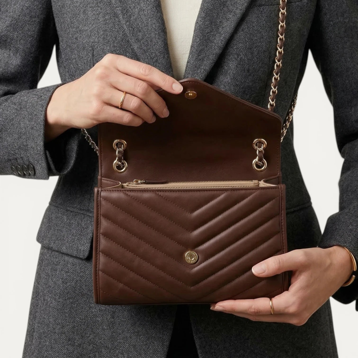 Sac Bandoulière Femme Matelassé Chevrons Chaîne Rabat