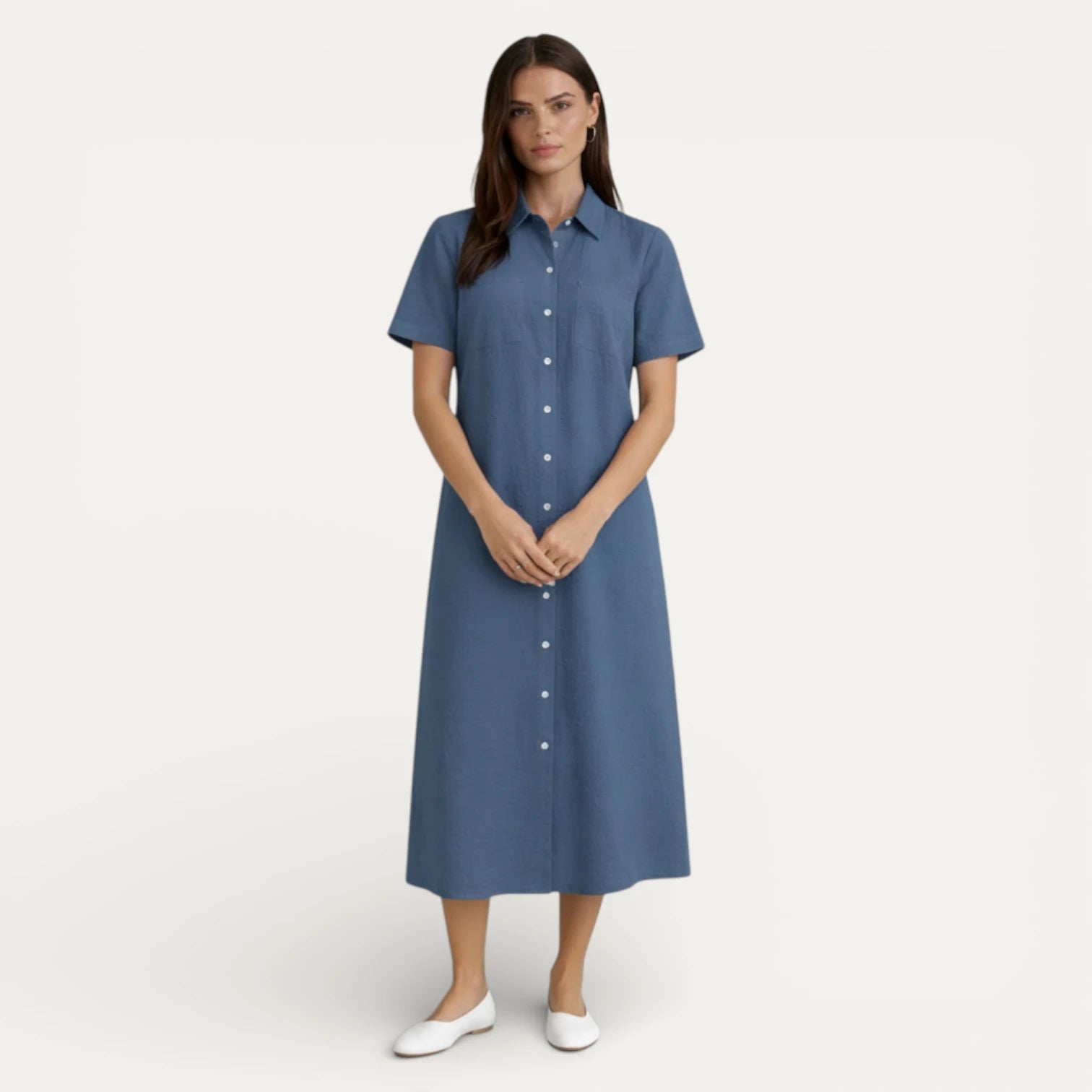 Robe Chemise Femme Midi Boutonnée Manches Courtes