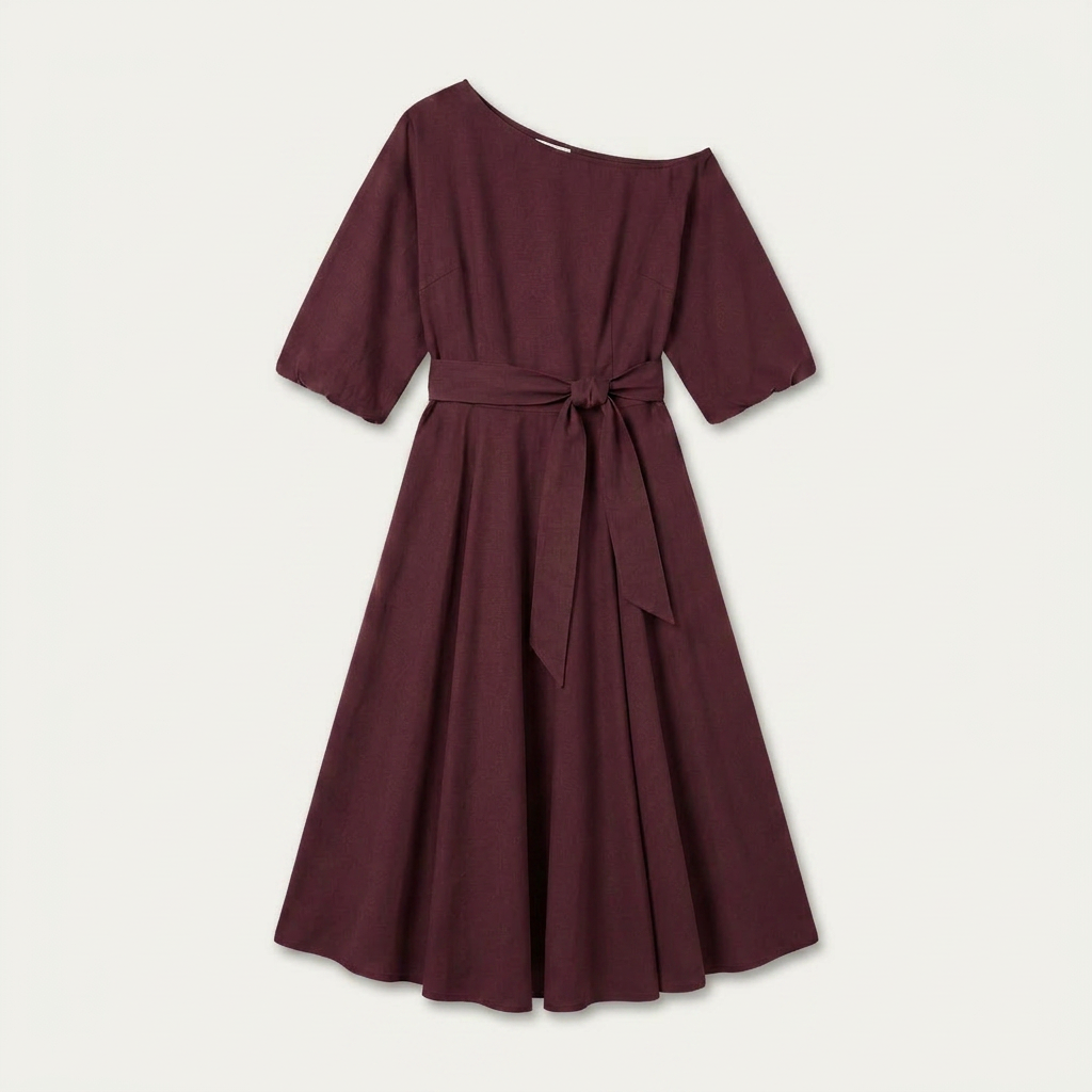 Robe Midi Femme Une Épaule Ceinture Nouée