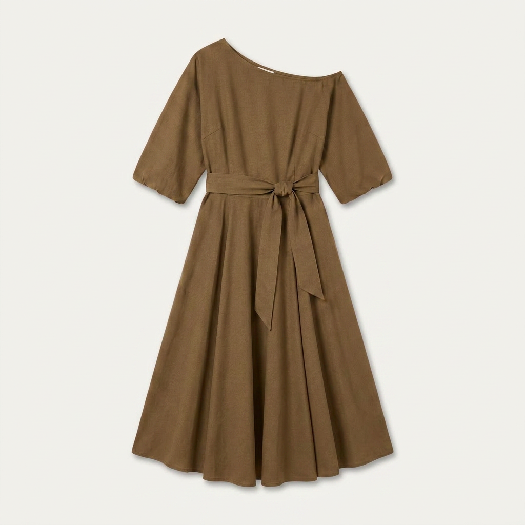 Robe Midi Femme Une Épaule Ceinture Nouée