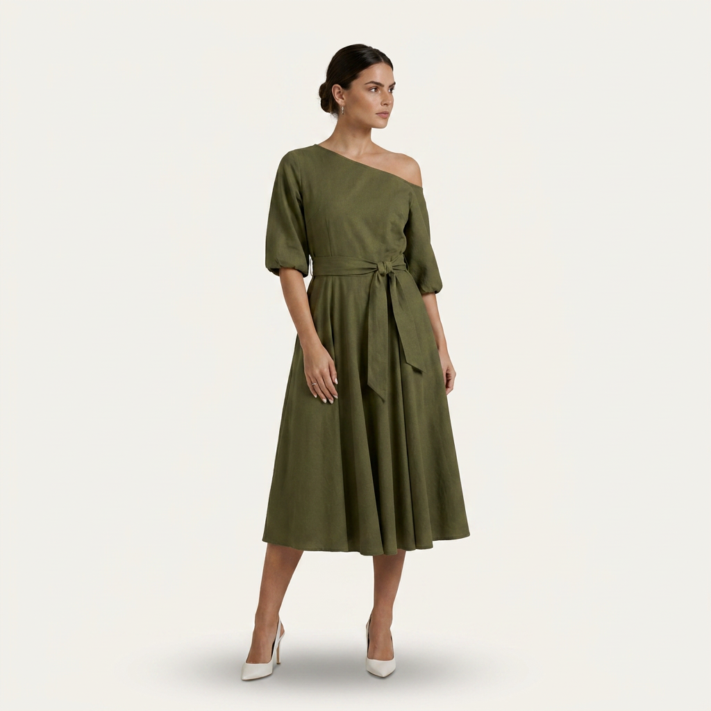 Robe Midi Femme Une Épaule Ceinture Nouée