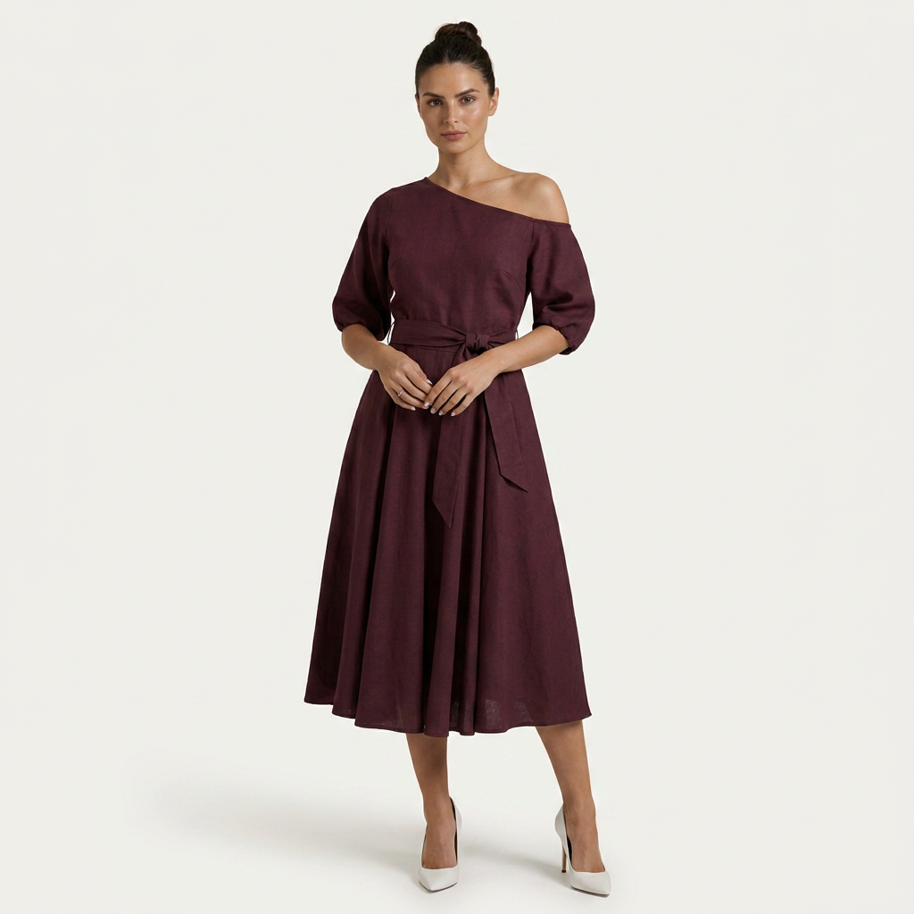 Robe Midi Femme Une Épaule Ceinture Nouée