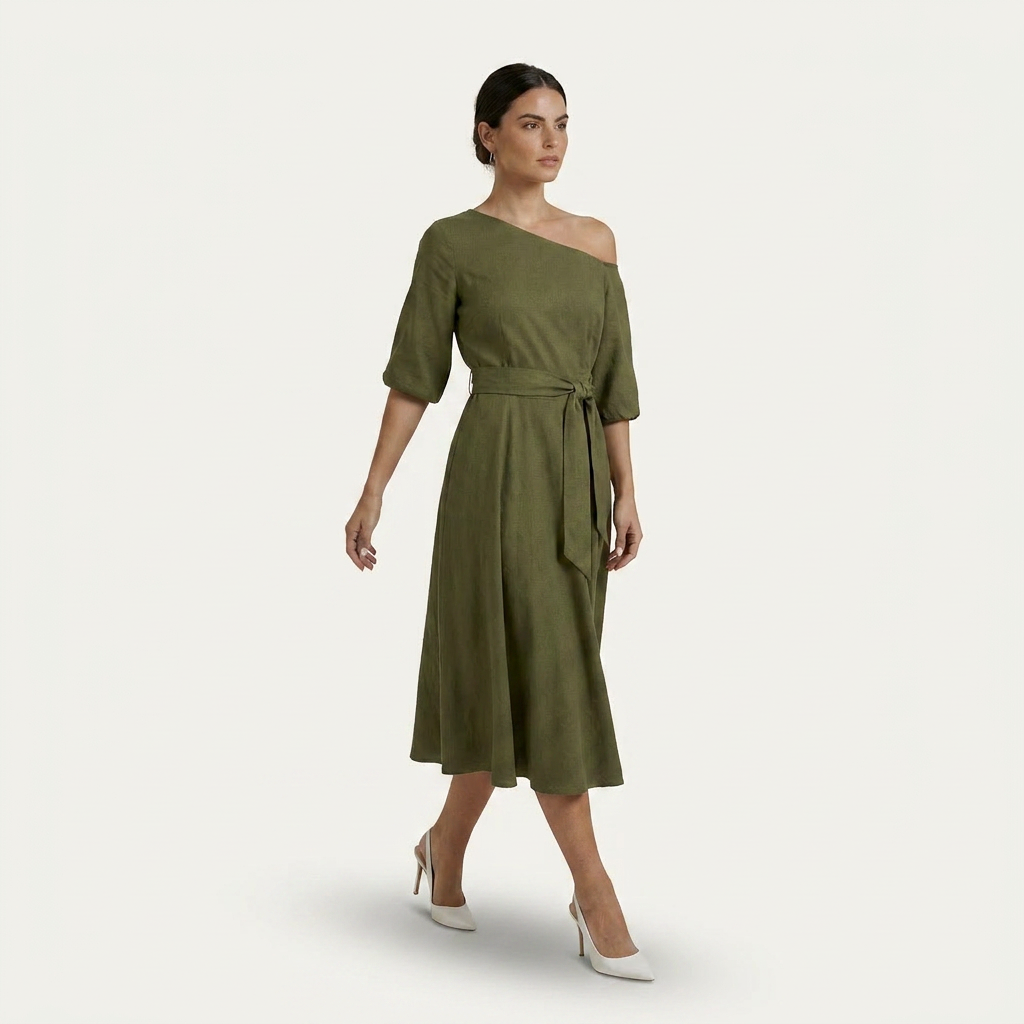 Robe Midi Femme Une Épaule Ceinture Nouée