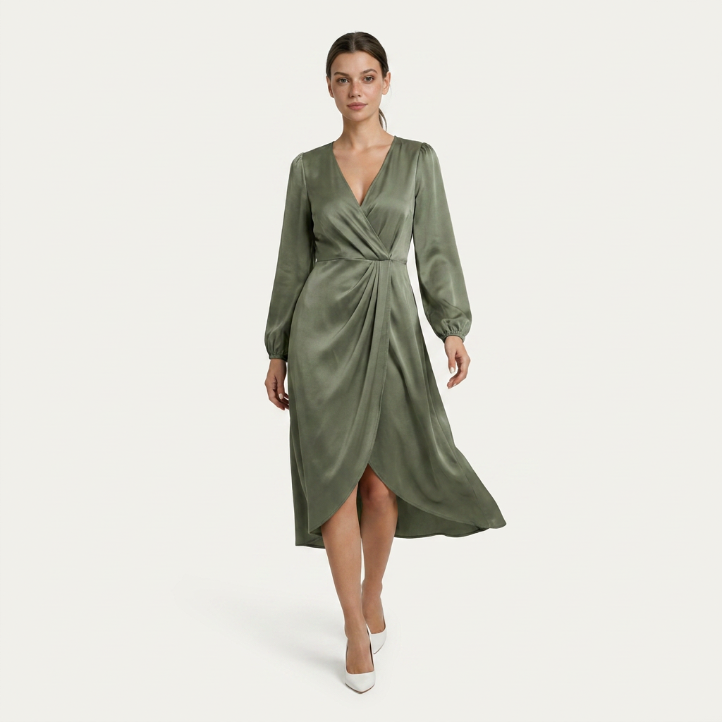 Robe Midi Femme Col V Croisé Drapé