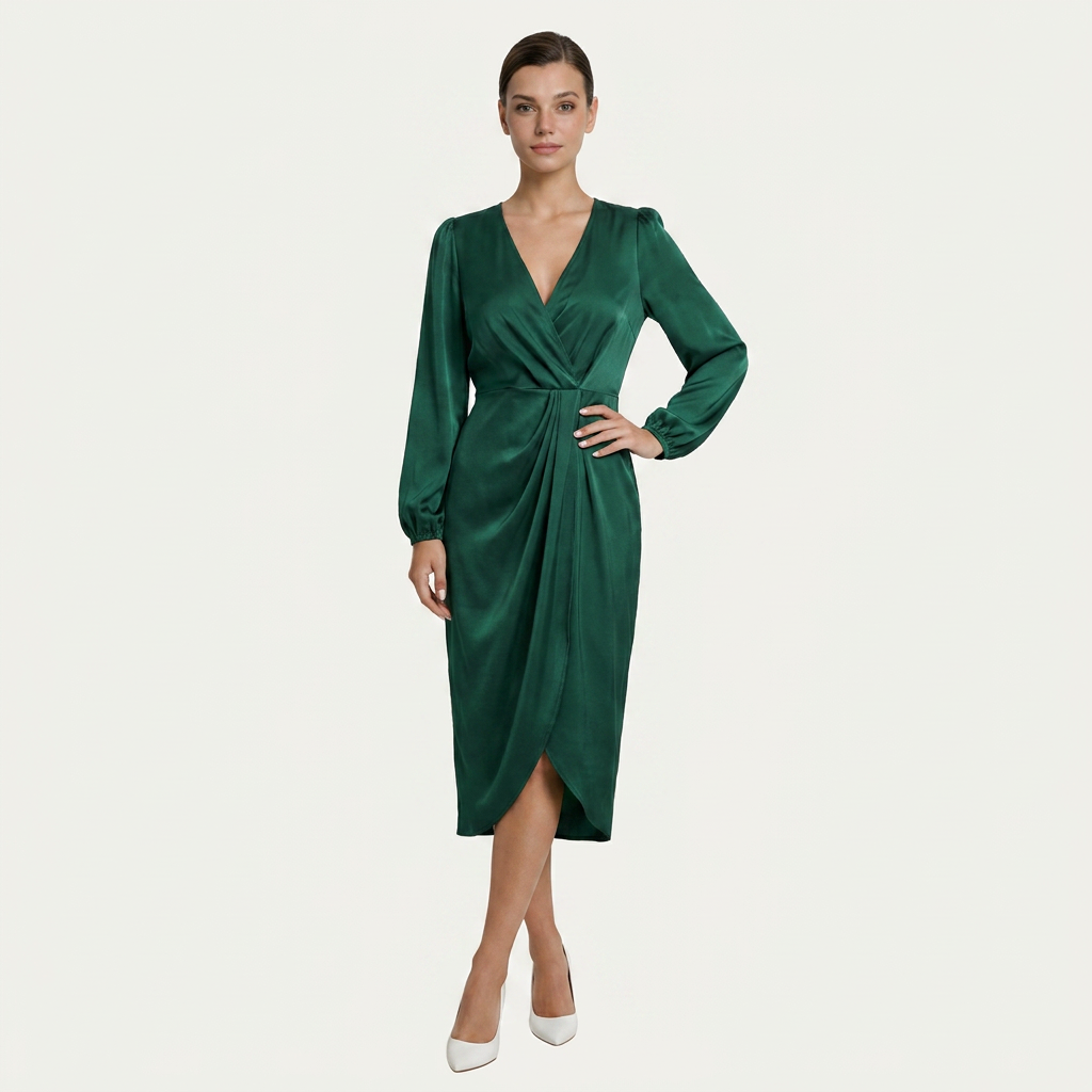 Robe Midi Femme Col V Croisé Drapé