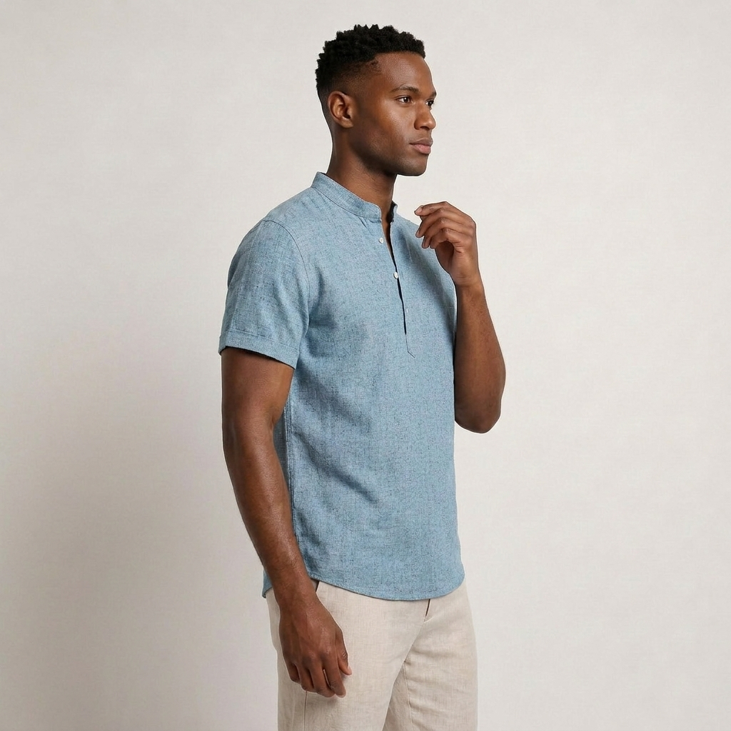 Chemise Henley Homme Manches Courtes Col Montant Texturée