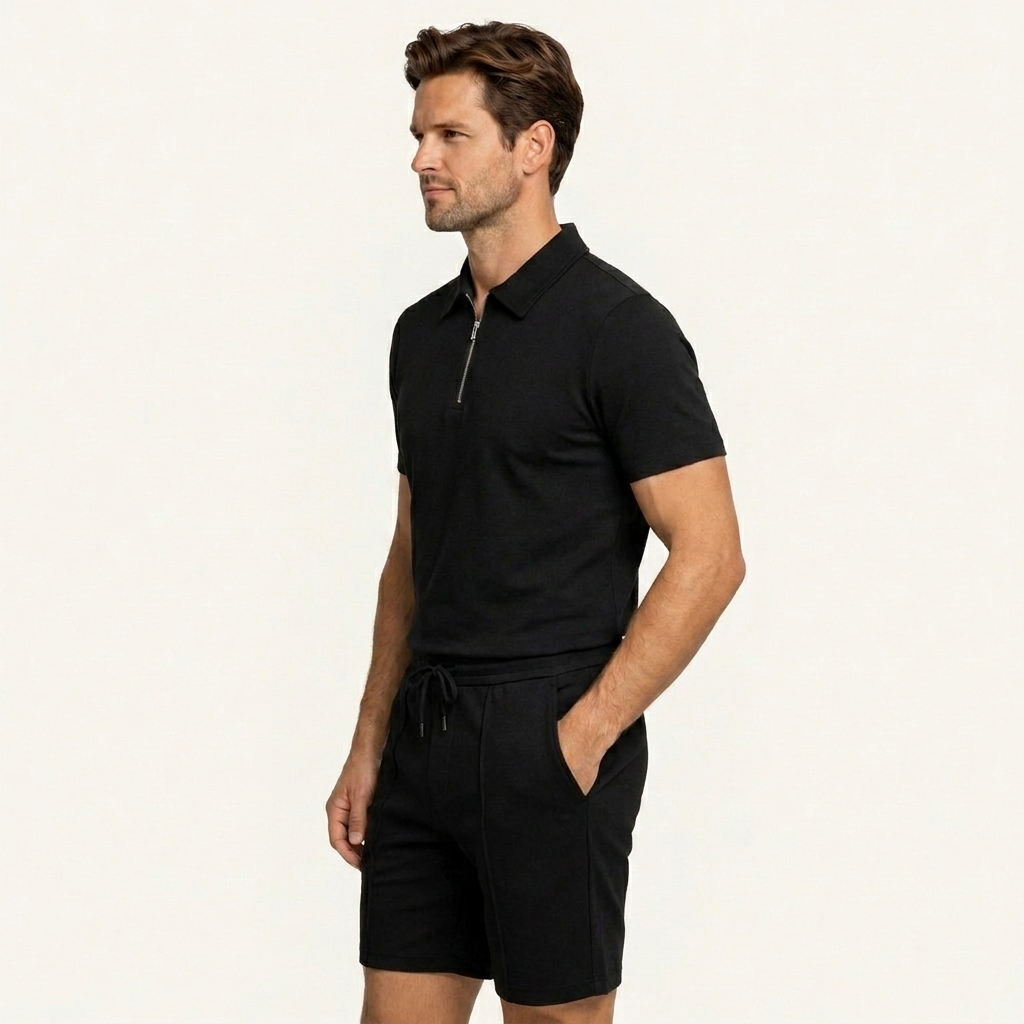 Ensemble Homme Polo Col Zippé Short Cordon Ajustable