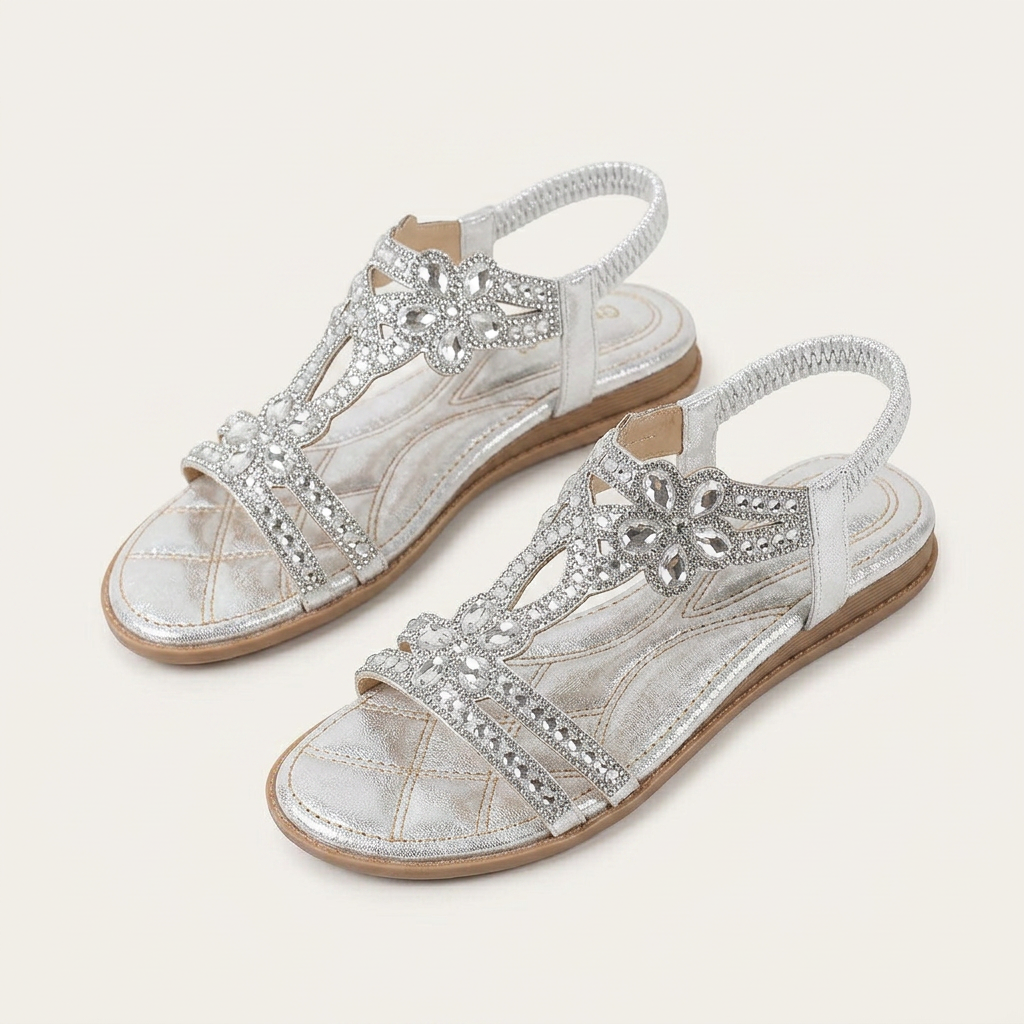 Sandales Plates Femme Bride T Floraux Strassés