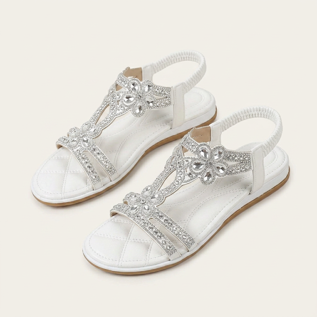 Sandales Plates Femme Bride T Floraux Strassés