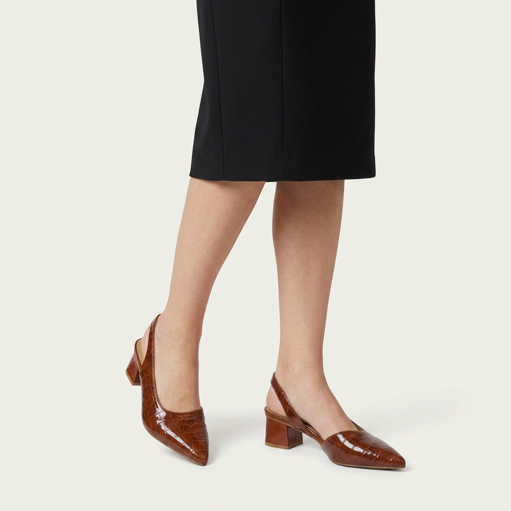 Escarpins Slingback Femme Talon Bloc Effet Croco