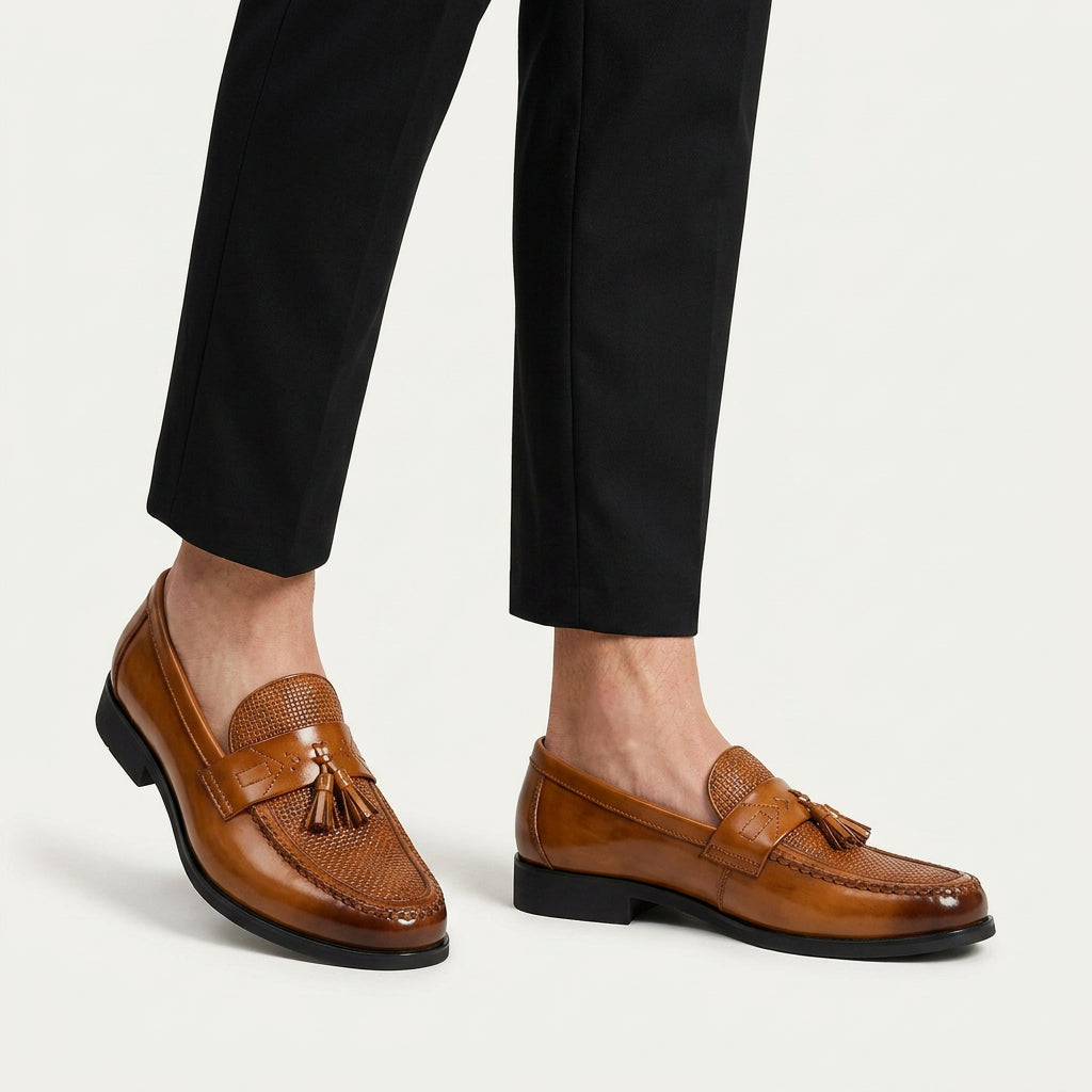 Mocassins Homme Pampilles Texture Tressée Sans Lacets
