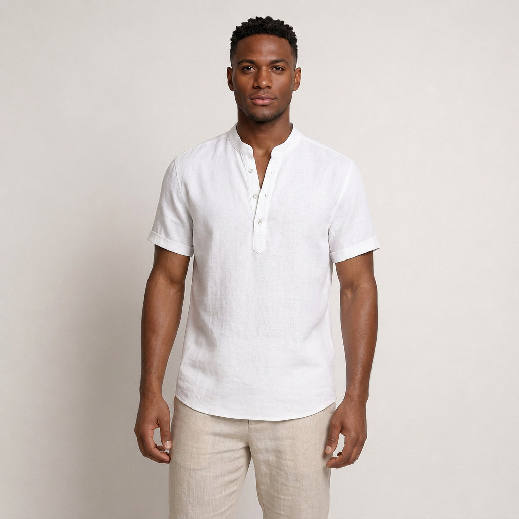 Chemise Henley Homme Manches Courtes Col Montant Texturée