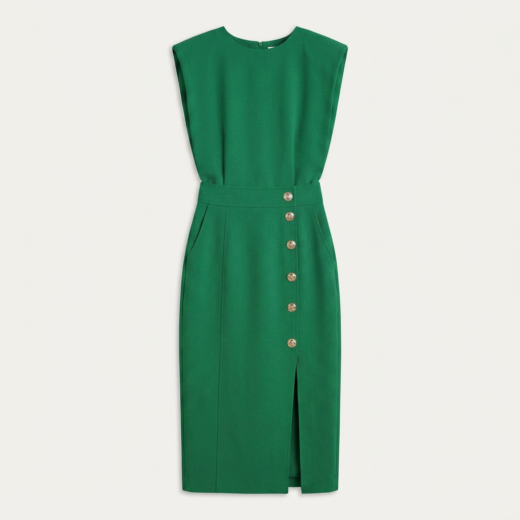 Robe Midi Sans Manches Femme Boutons Décoratifs