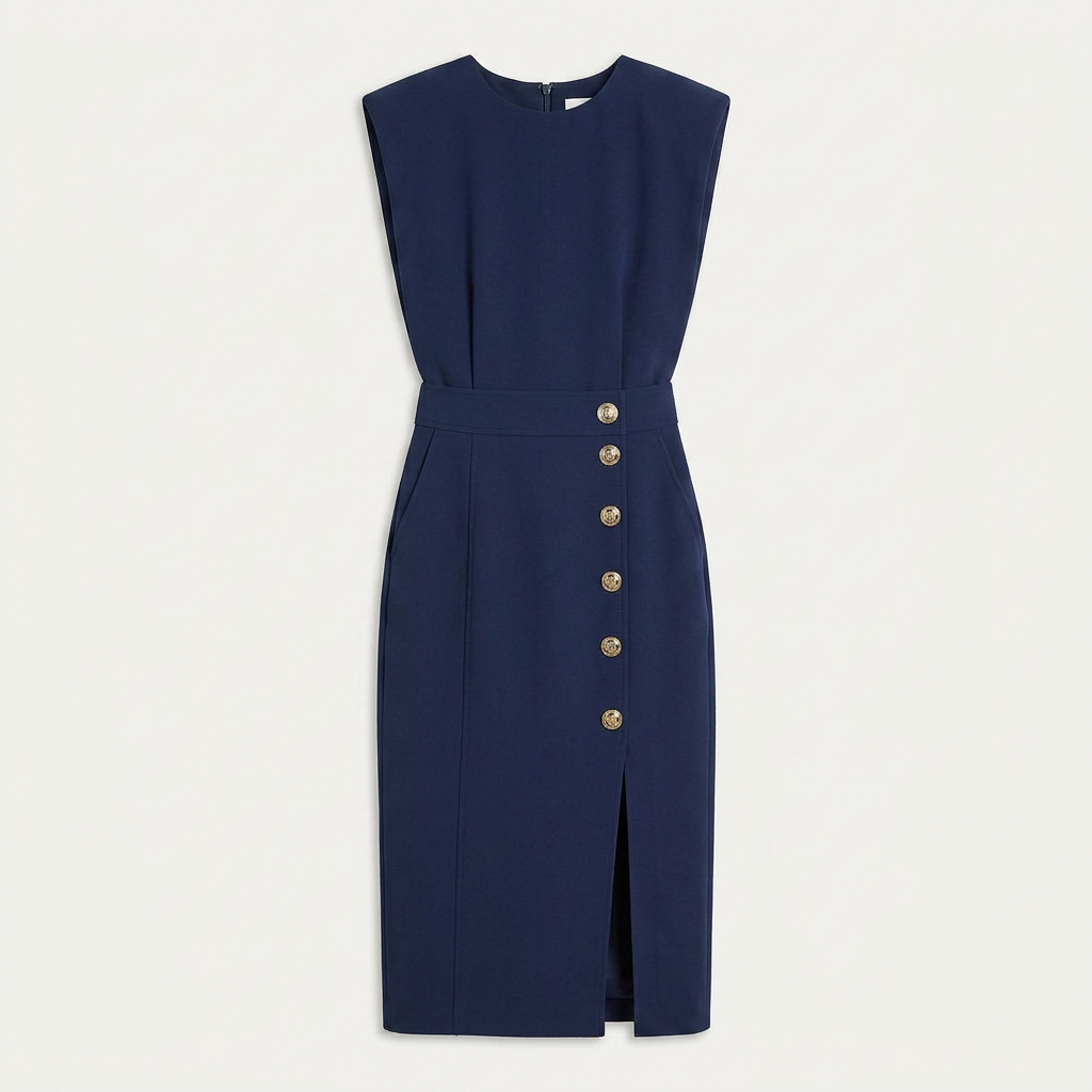 Robe Midi Sans Manches Femme Boutons Décoratifs