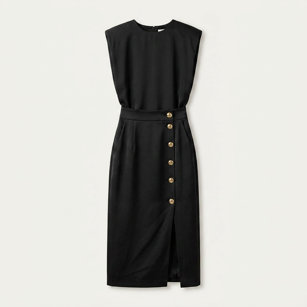 Robe Midi Femme Boutons Dorés Coupe Droite