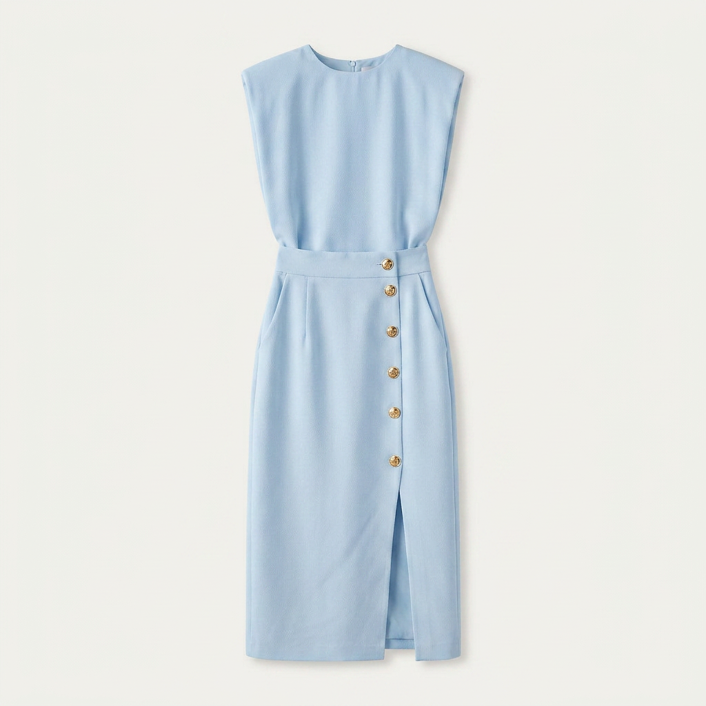 Robe Midi Femme Boutons Dorés Coupe Droite