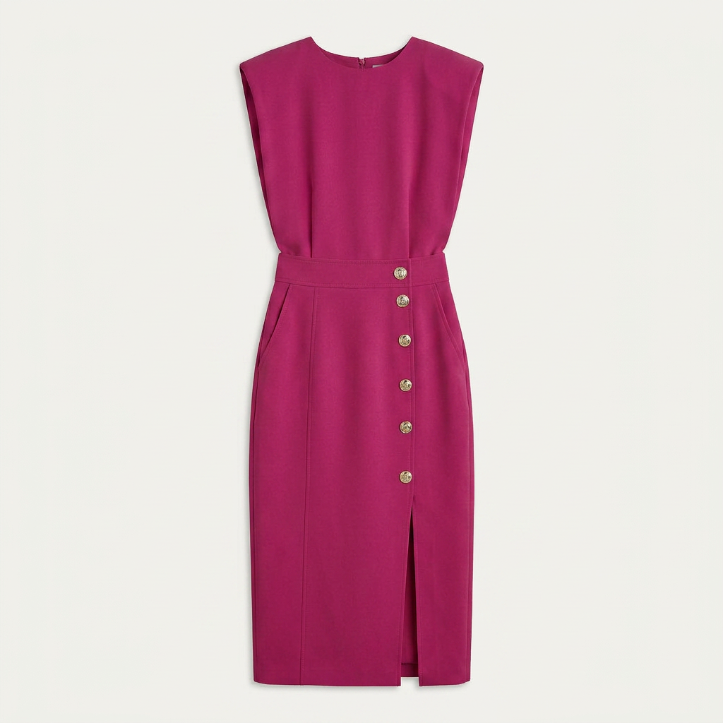 Robe Midi Sans Manches Femme Boutons Décoratifs
