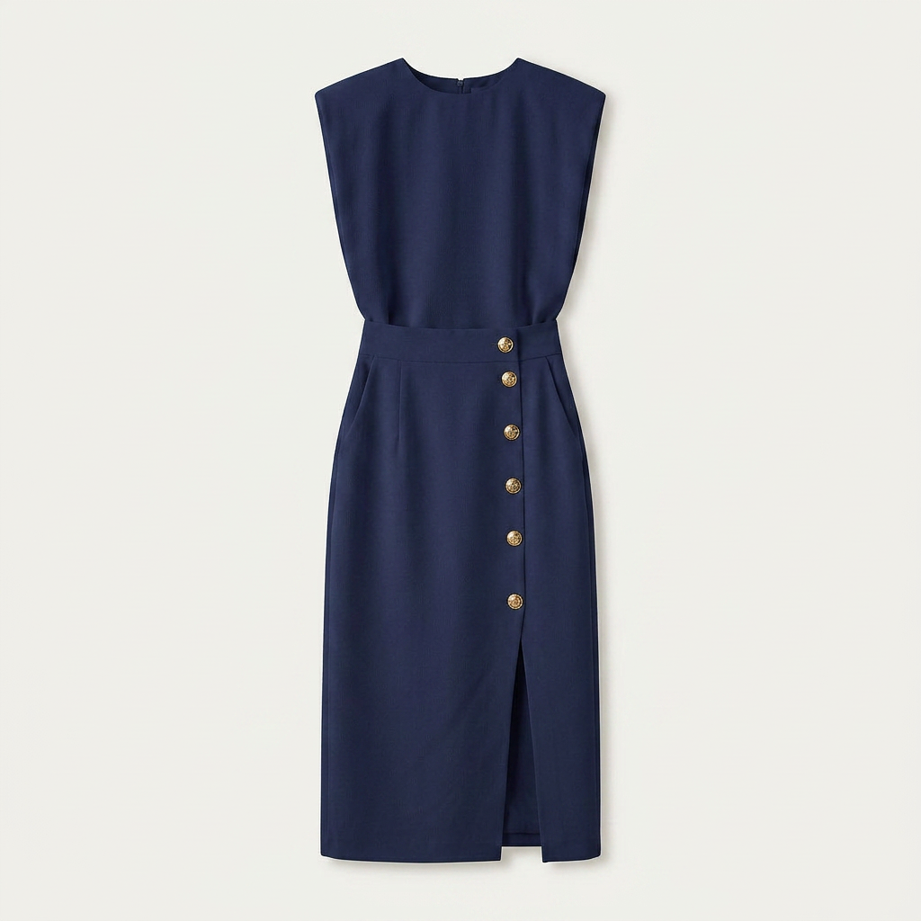 Robe Midi Femme Boutons Dorés Coupe Droite