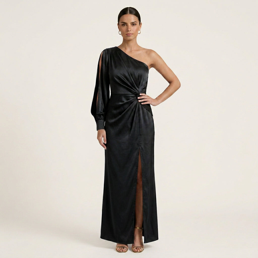 Robe Longue Satinée Femme Une Épaule Fendue