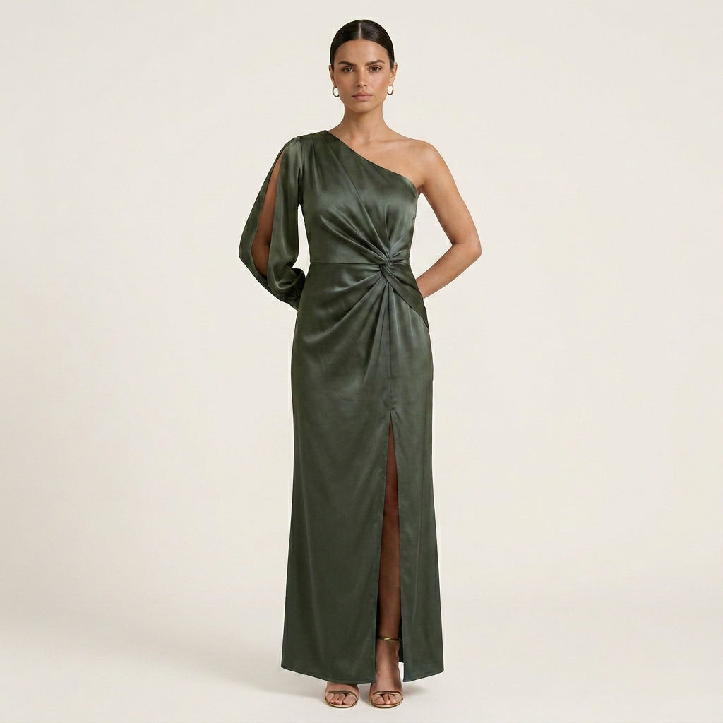 Robe Longue Satinée Femme Une Épaule Fendue