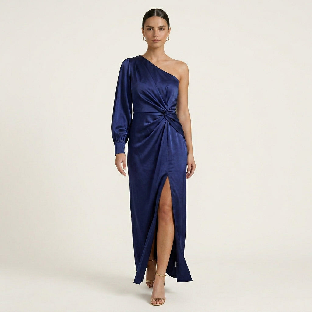 Robe Longue Satinée Femme Une Épaule Fendue