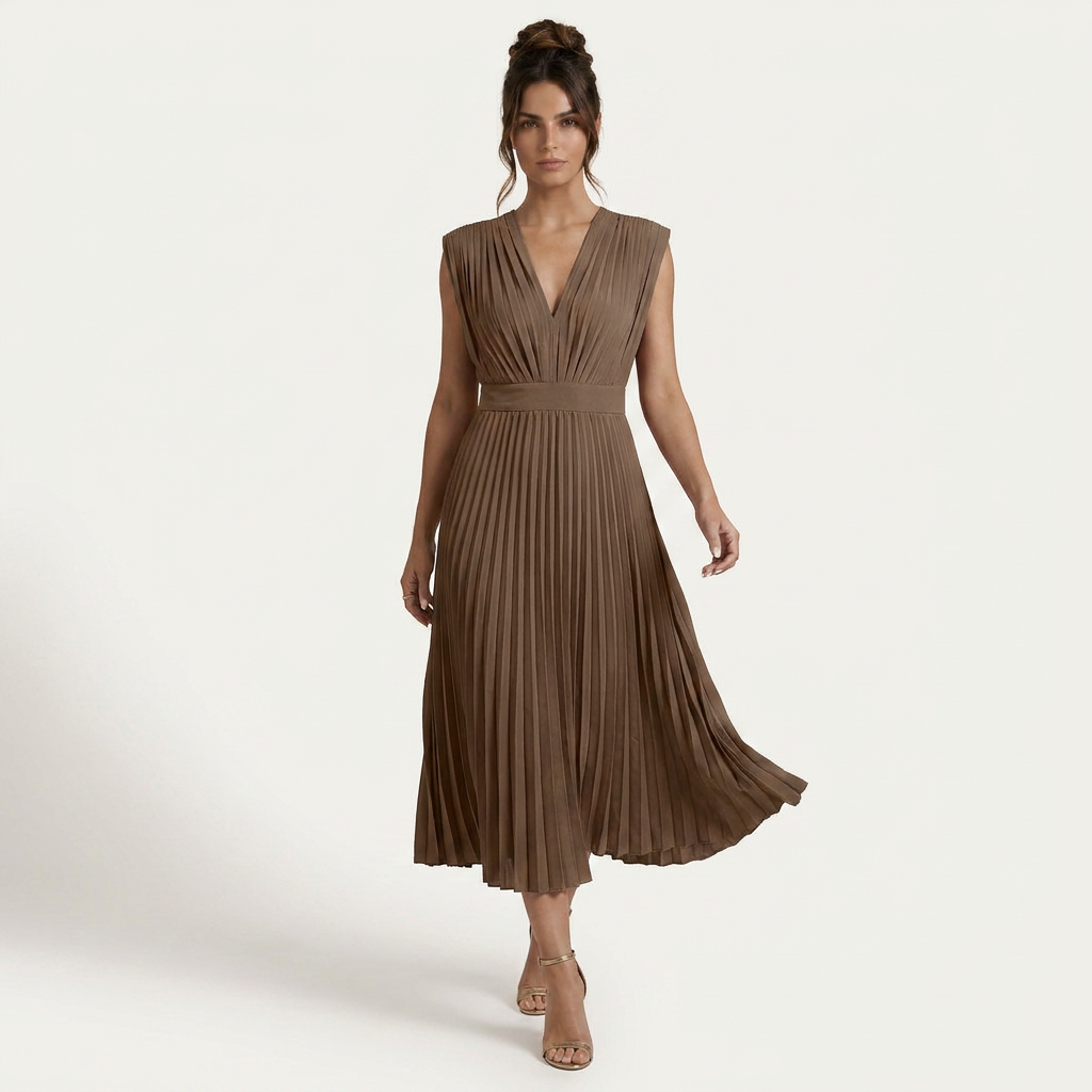 Robe Midi Femme Plissée Col V Profond