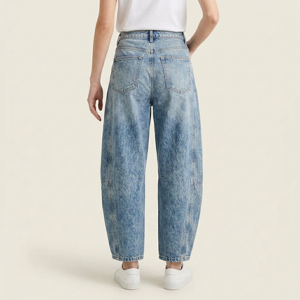 Jean Barrel Femme Denim Délavé Coutures Structurées