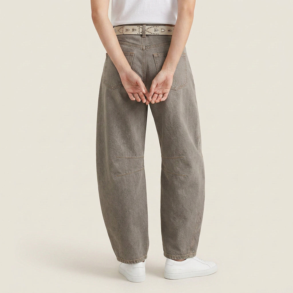 Jean Barrel Femme Denim Délavé Coutures Structurées