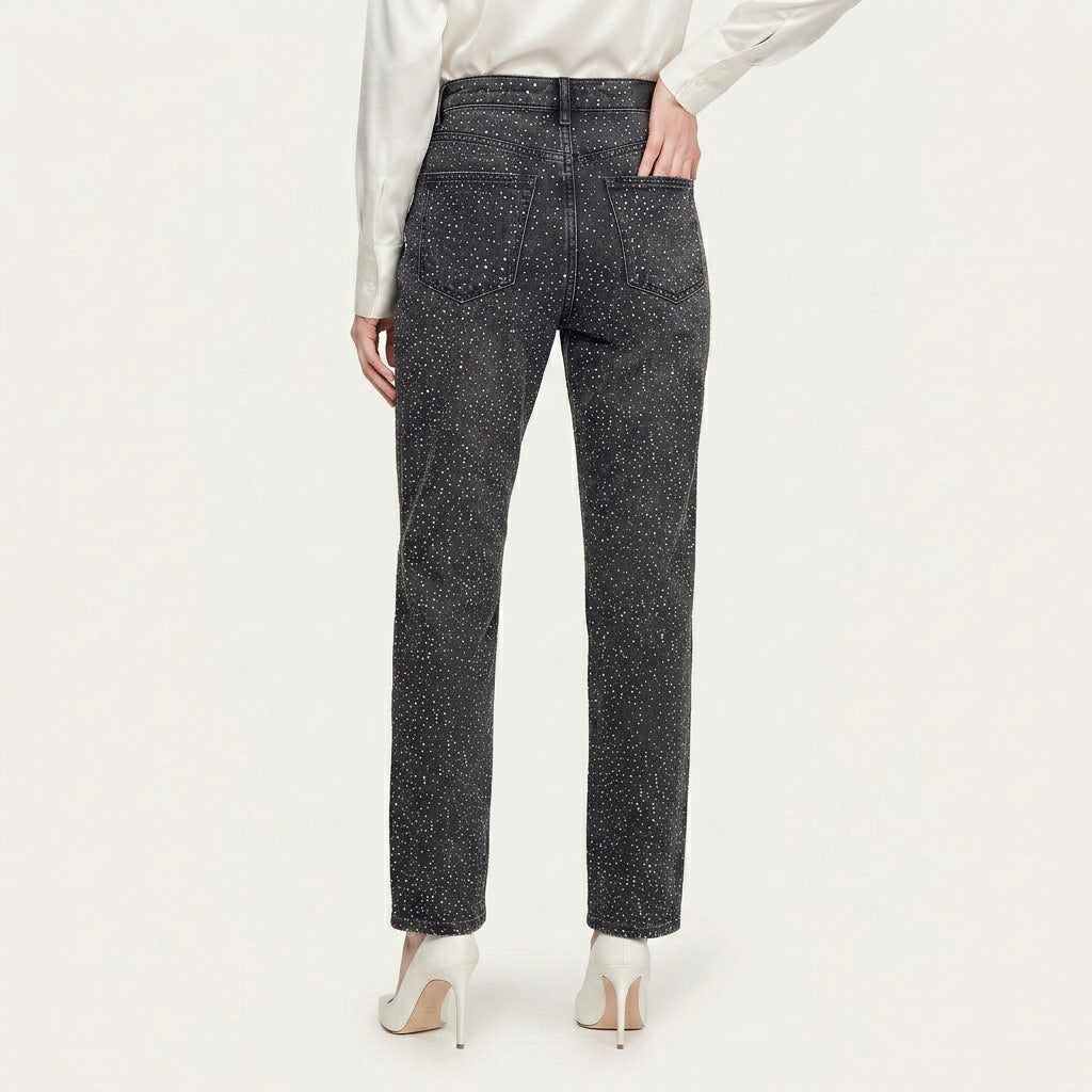 Jean Droit Femme Strass Denim Délavé