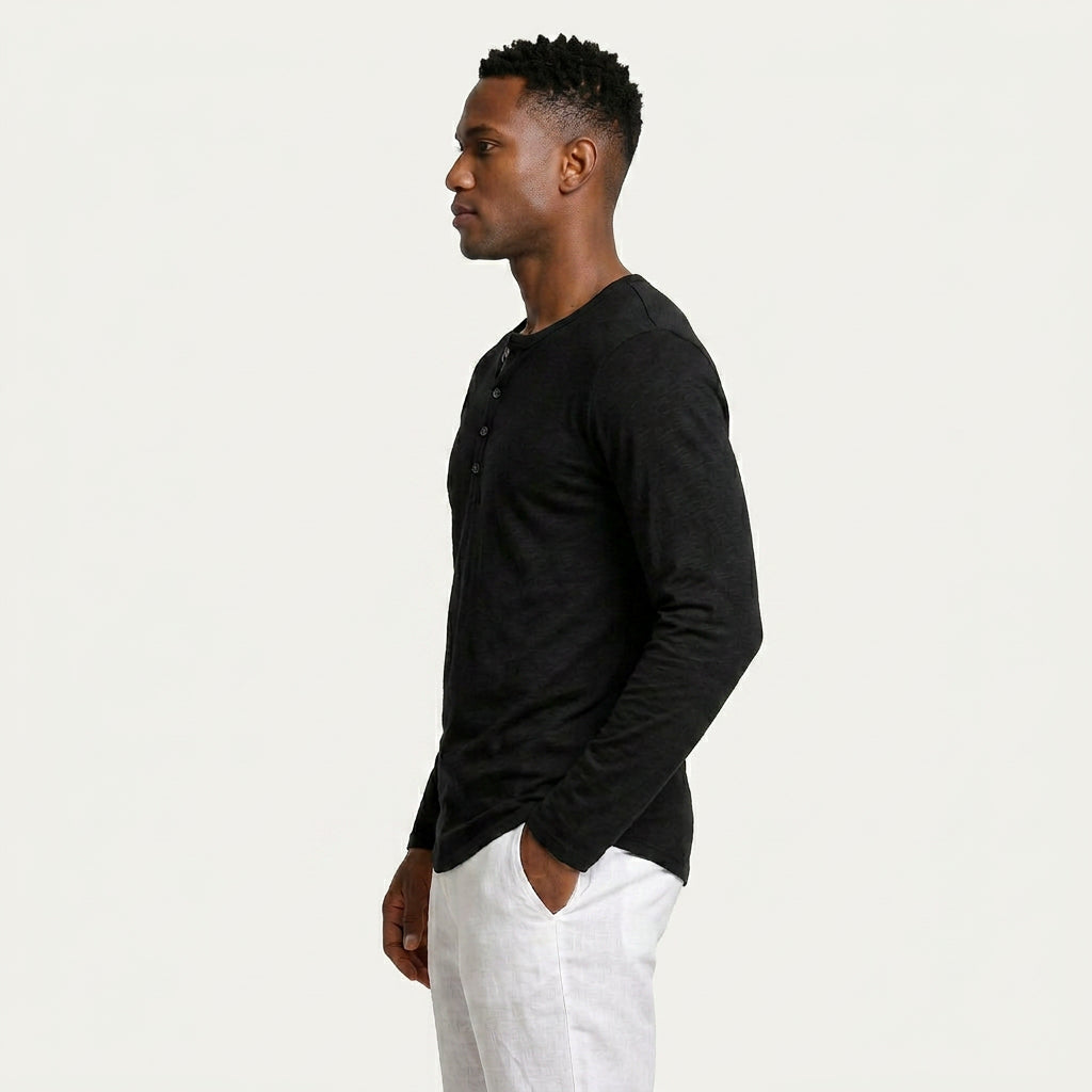 T-shirt Henley Homme Manches Longues Boutonné
