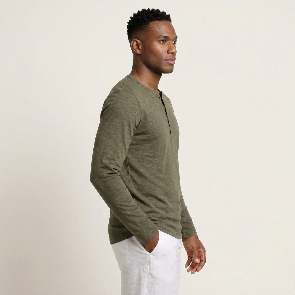 T-shirt Henley Homme Manches Longues Boutonné