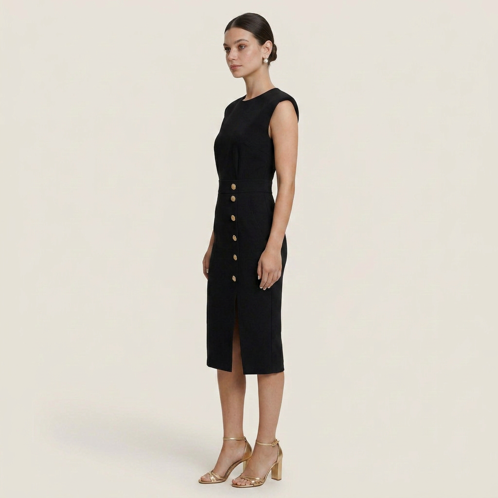 Robe Midi Sans Manches Femme Boutons Décoratifs