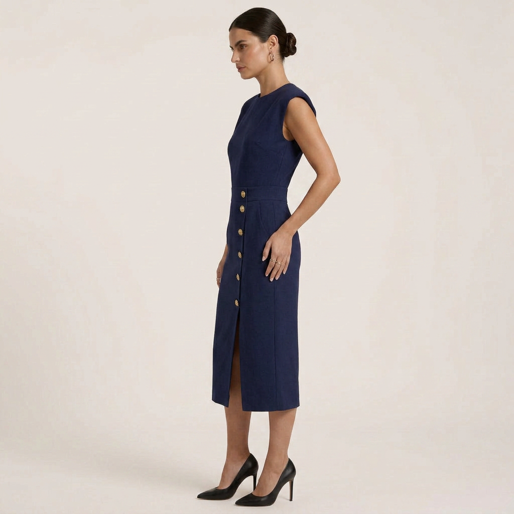 Robe Midi Femme Boutons Dorés Coupe Droite