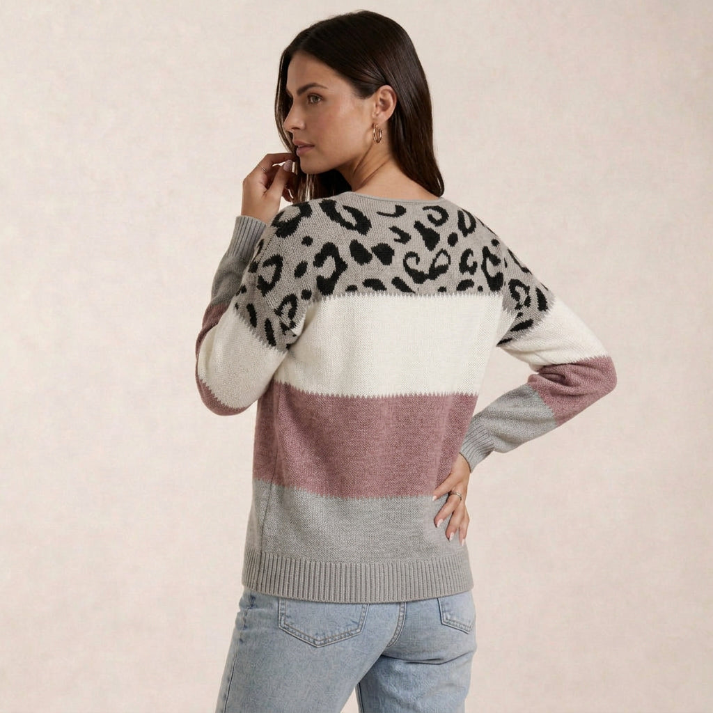 Pull Léopard Femme en Maille Color Block