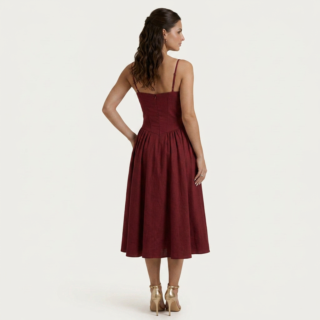 Robe Midi Femme Décolleté Cœur Bretelles Fines