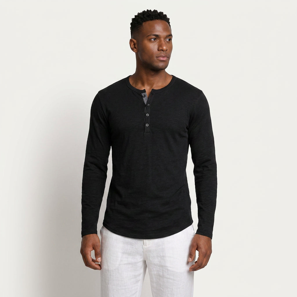 T-shirt Henley Homme Manches Longues Boutonné