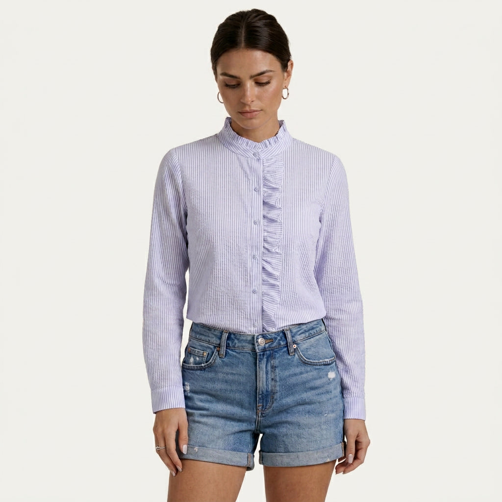 Chemisier Femme Rayé À Volants Boutonné