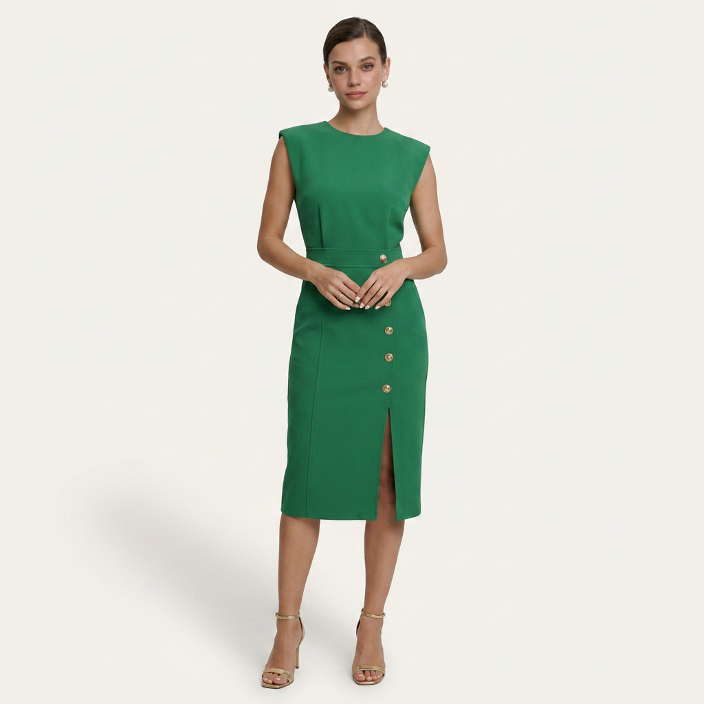 Robe Midi Sans Manches Femme Boutons Décoratifs