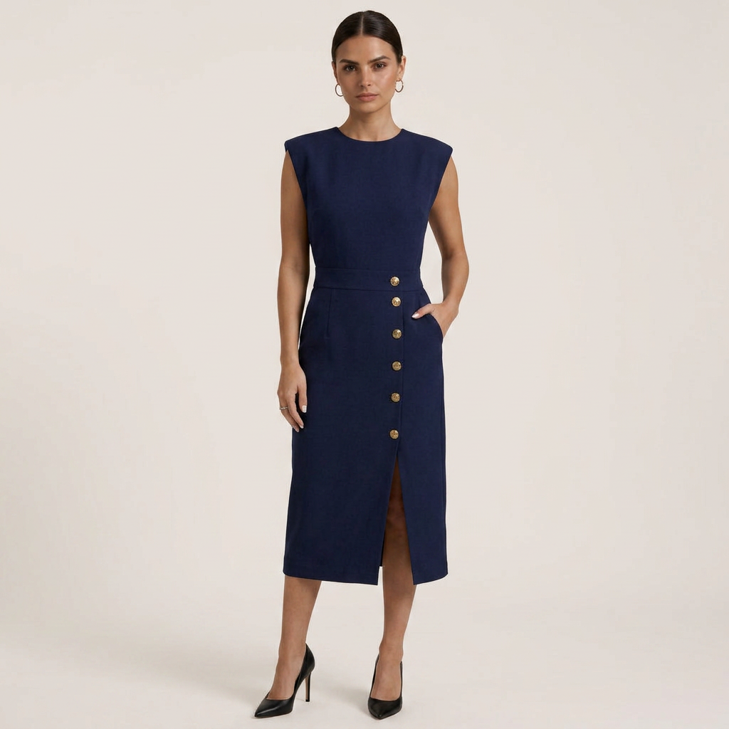 Robe Midi Femme Boutons Dorés Coupe Droite