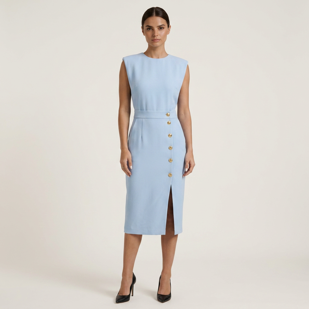 Robe Midi Femme Boutons Dorés Coupe Droite
