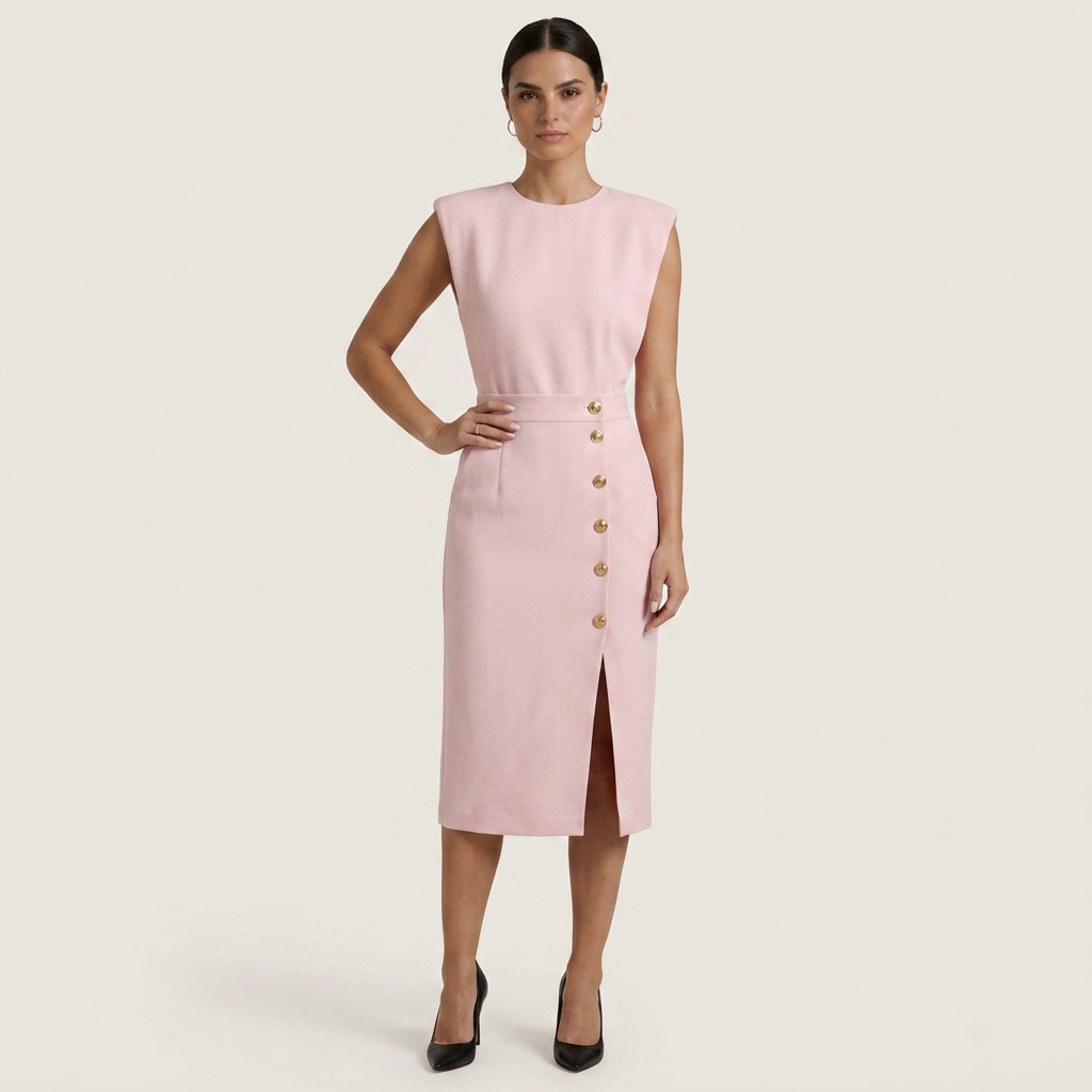 Robe Midi Femme Boutons Dorés Coupe Droite