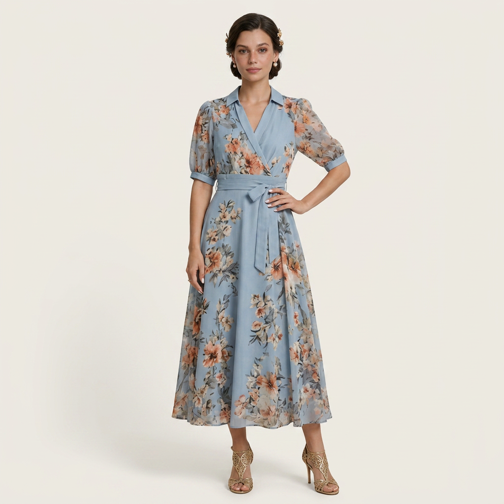 Robe Midi Fleurie Femme Portefeuille Ceinture Nouée