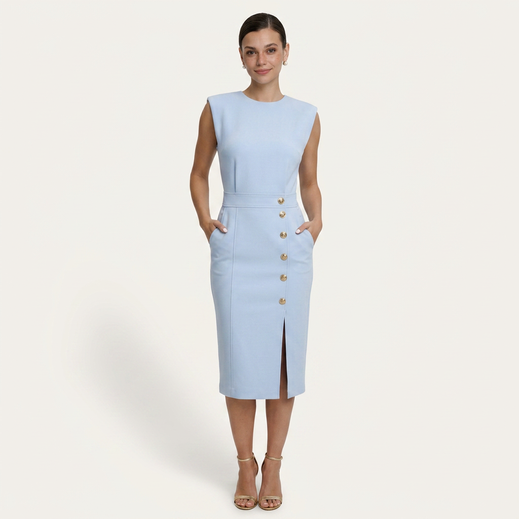 Robe Midi Sans Manches Femme Boutons Décoratifs