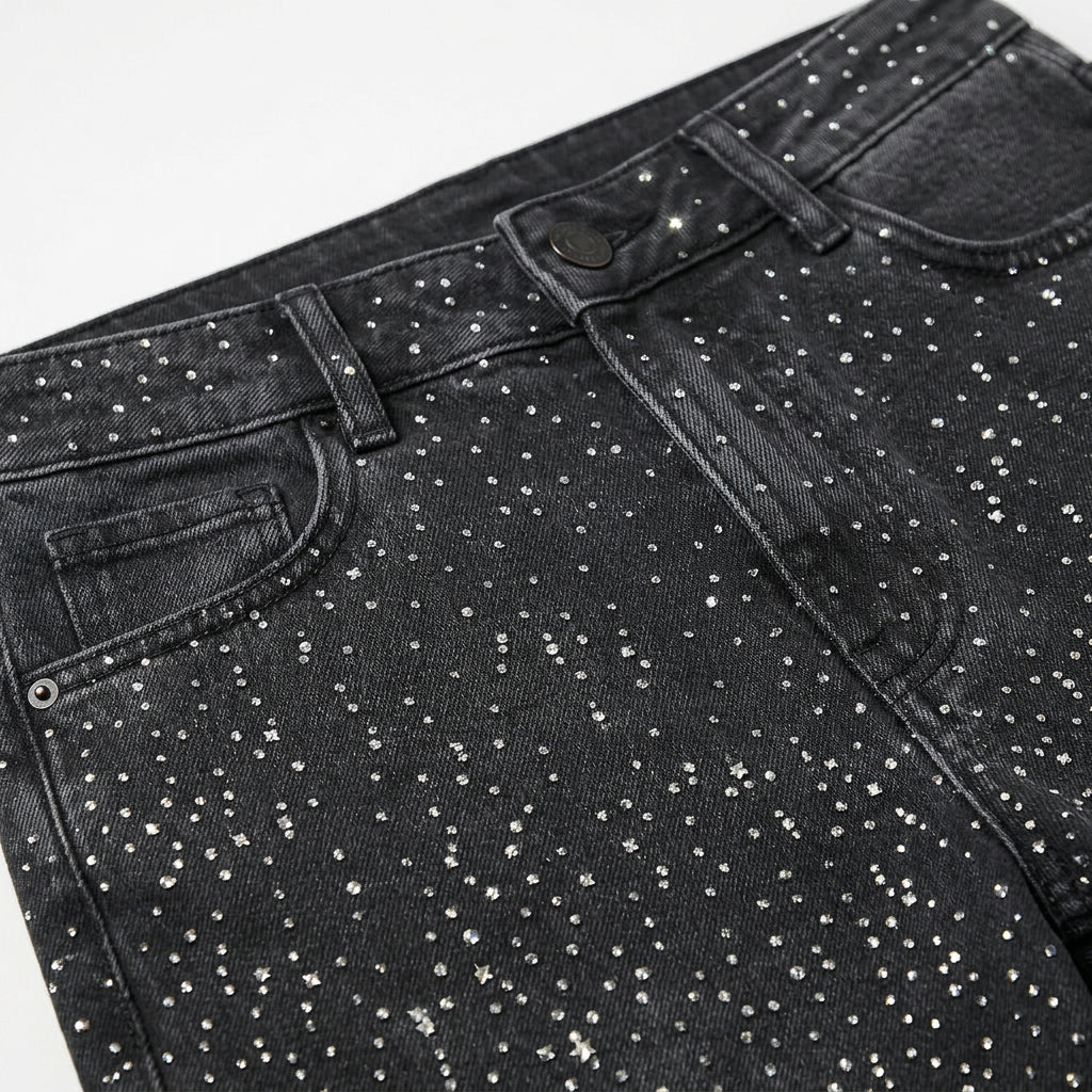 Jean Droit Femme Strass Denim Délavé