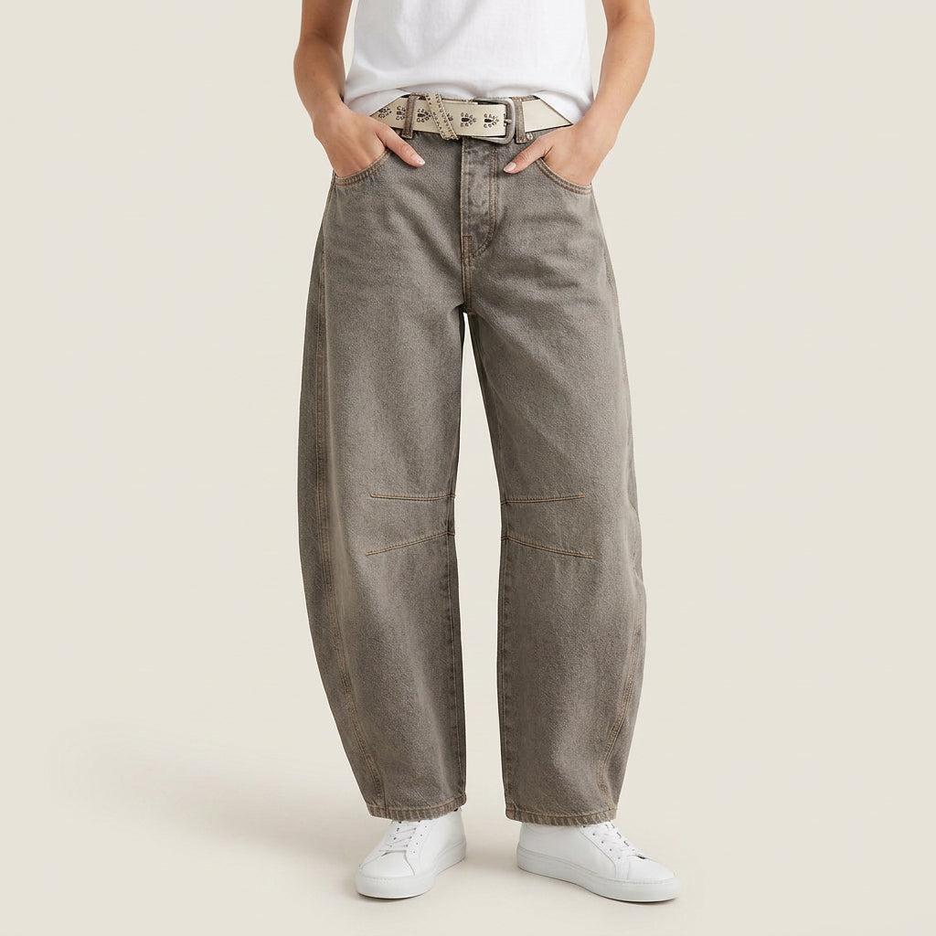 Jean Barrel Femme Denim Délavé Coutures Structurées