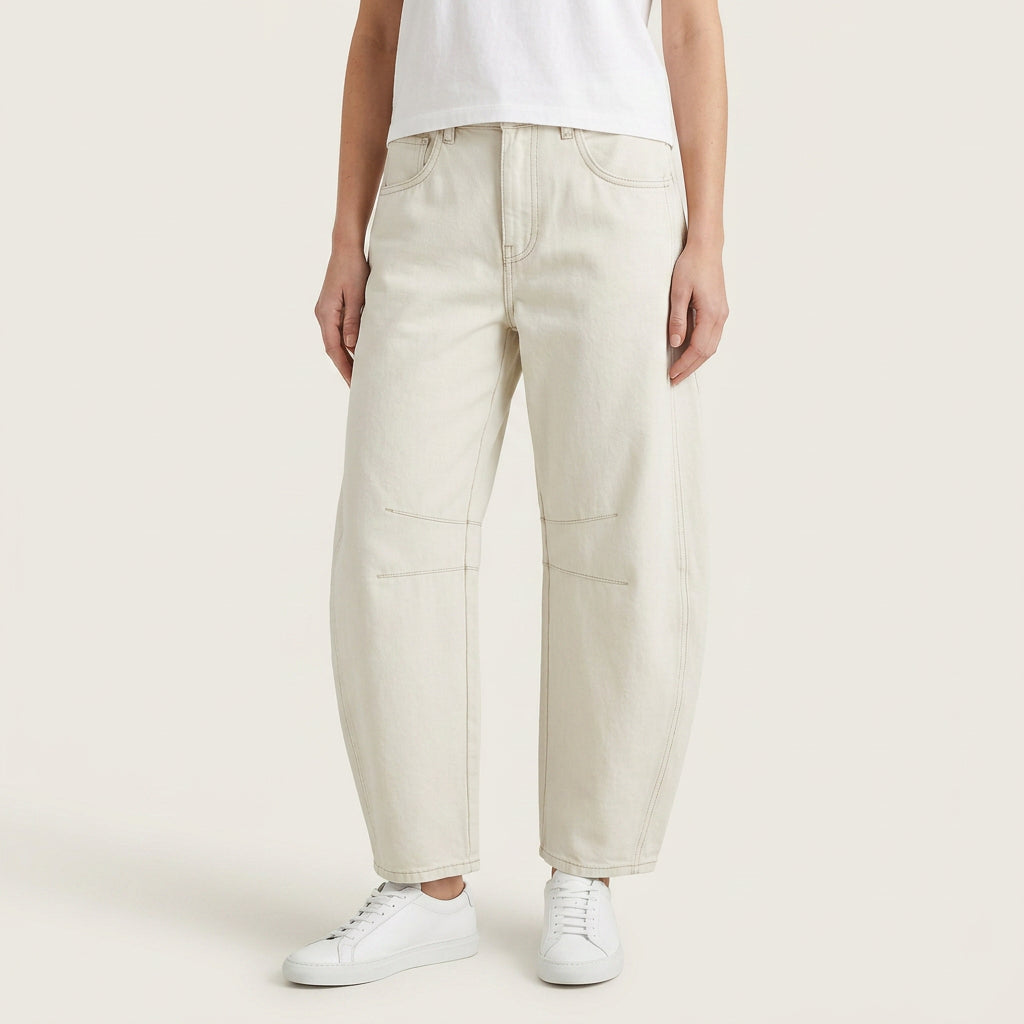 Jean Barrel Femme Denim Délavé Coutures Structurées