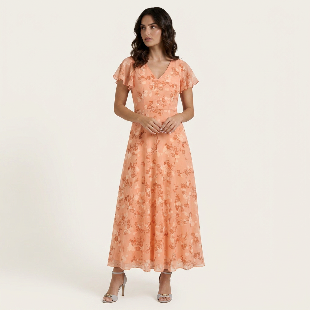 Robe Longue Fleurie Femme Col V Manches Volantes